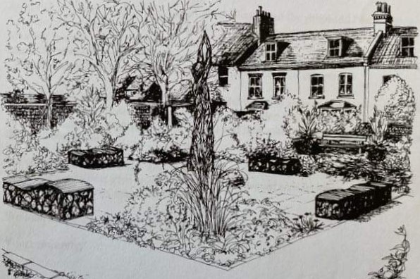 A black and white line drawing of the Peace Garden showing one of the corner beds with tall grasses surrounded by busy perennial flowers, with the wavy seats around the central patio area and the sculpture in the middle.